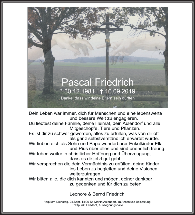  Traueranzeige für Pascal Friedrich vom 23.09.2019 aus Schwäbische Zeitung