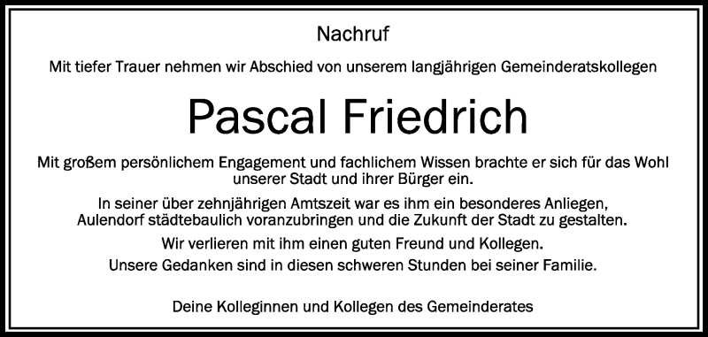  Traueranzeige für Pascal Friedrich vom 24.09.2019 aus Schwäbische Zeitung