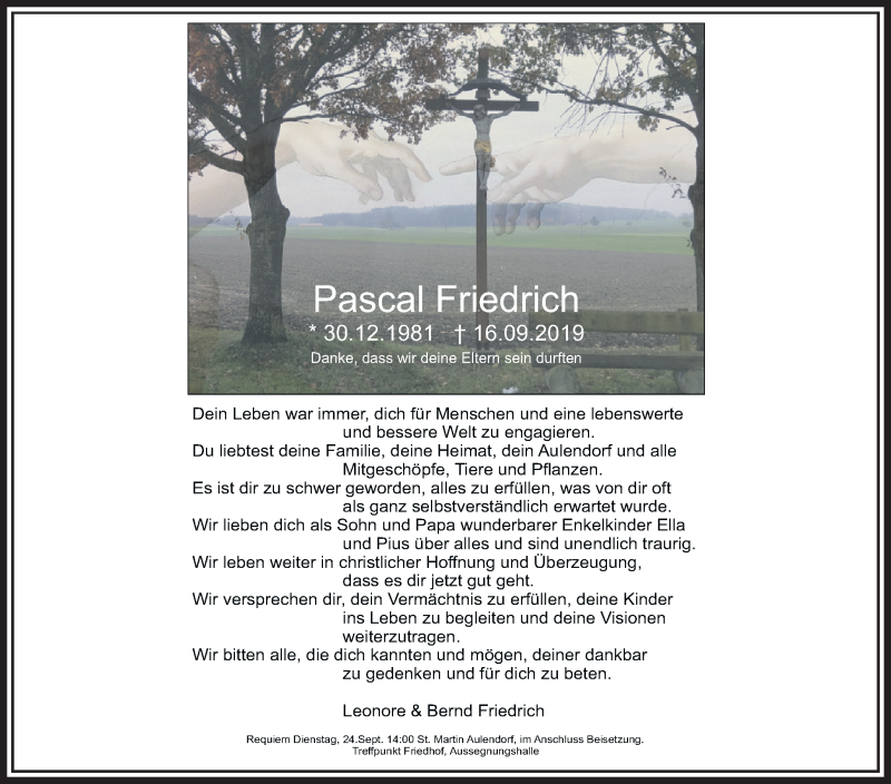  Traueranzeige für Pascal Friedrich vom 21.09.2019 aus Schwäbische Zeitung