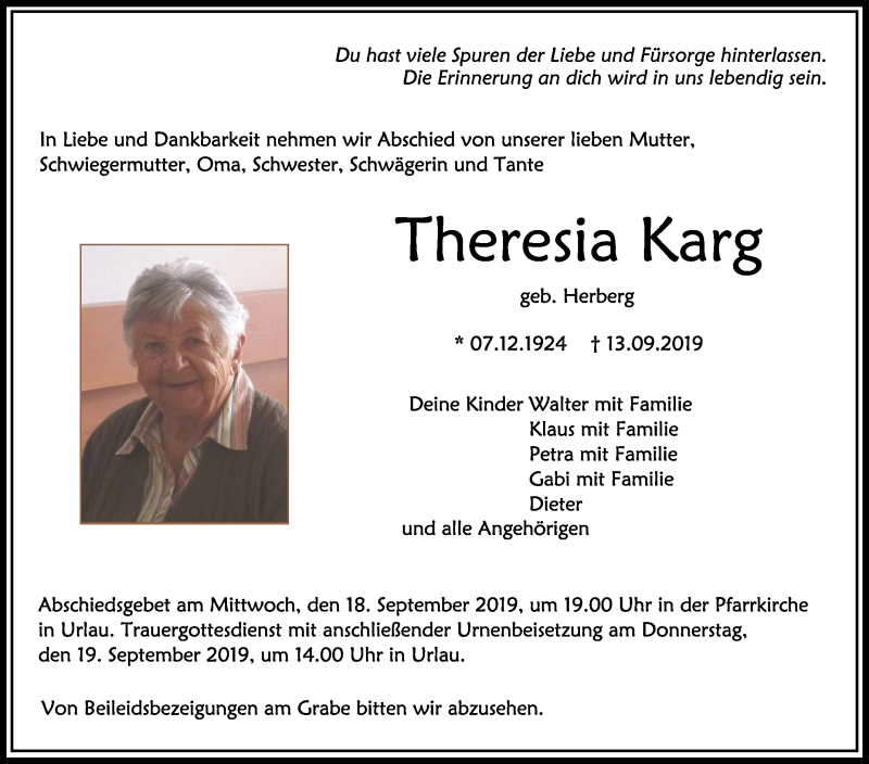  Traueranzeige für Theresia Karg vom 17.09.2019 aus Schwäbische Zeitung