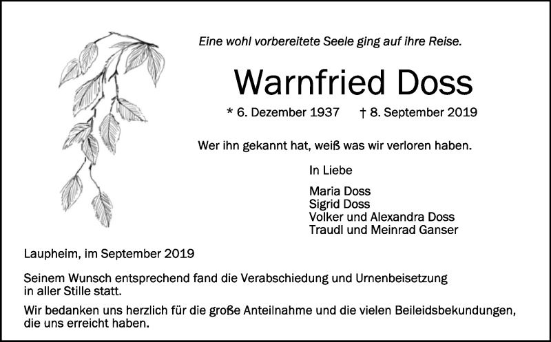  Traueranzeige für Warnfried Doss vom 26.09.2019 aus Schwäbische Zeitung