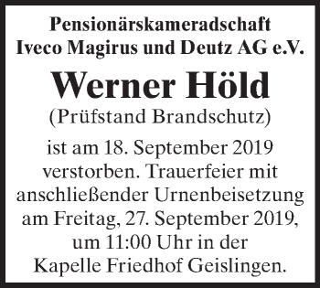 Anzeige von Werner Höld von Schwäbische Zeitung