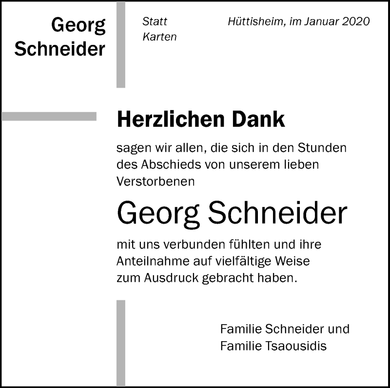 Traueranzeige für Georg Schneider vom 07.01.2020 aus Schwäbische Zeitung