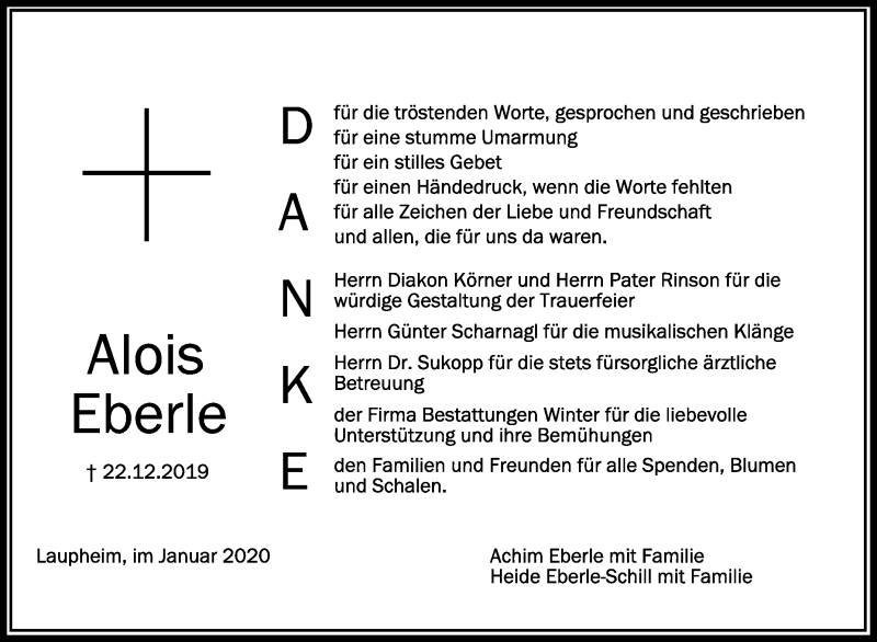  Traueranzeige für Alois Eberle vom 16.01.2020 aus Schwäbische Zeitung