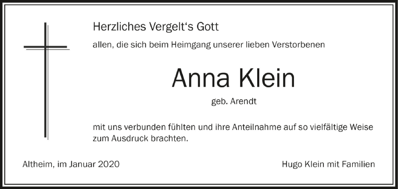  Traueranzeige für Anna Klein vom 16.01.2020 aus Schwäbische Zeitung