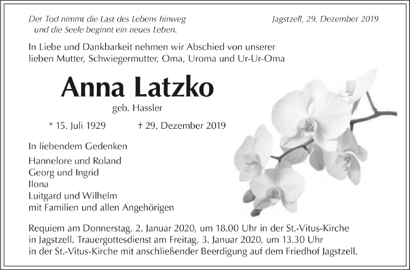  Traueranzeige für Anna Latzko vom 01.01.2020 aus Schwäbische Zeitung