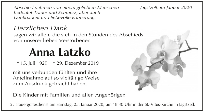  Traueranzeige für Anna Latzko vom 23.01.2020 aus Schwäbische Zeitung
