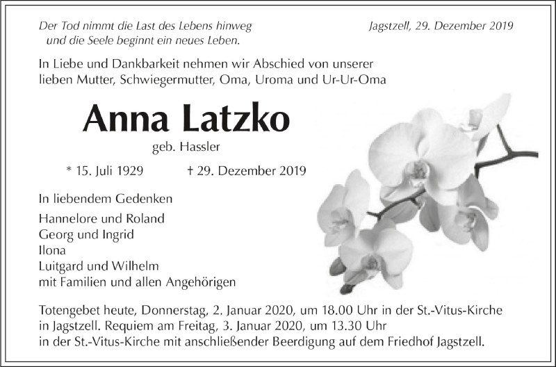  Traueranzeige für Anna Latzko vom 02.01.2020 aus Schwäbische Zeitung