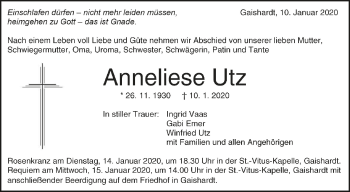 Anzeige von Anneliese Utz von Schwäbische Zeitung