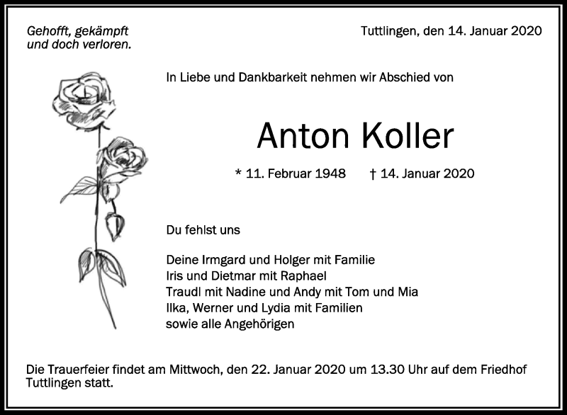 Traueranzeige für Anton Koller vom 20.01.2020 aus Schwäbische Zeitung