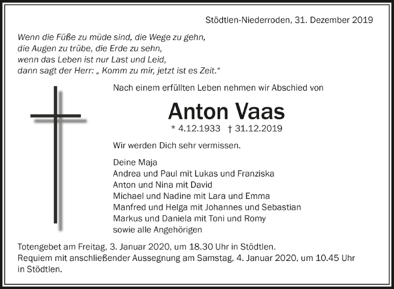  Traueranzeige für Anton Vaas vom 02.01.2020 aus Schwäbische Zeitung