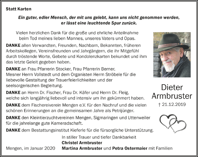  Traueranzeige für Dieter Armbruster vom 18.01.2020 aus Schwäbische Zeitung