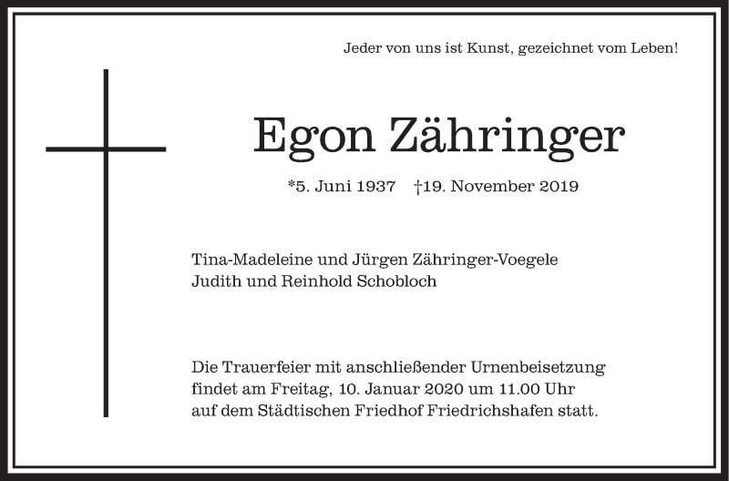  Traueranzeige für Egon Zähringer vom 04.01.2020 aus Schwäbische Zeitung