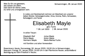 Anzeige von Elisabeth Mayle von Schwäbische Zeitung