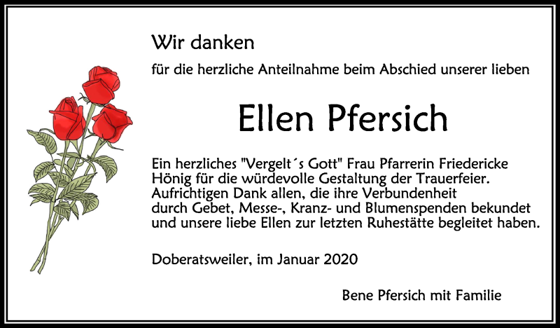  Traueranzeige für Ellen Pfersich vom 11.01.2020 aus Schwäbische Zeitung