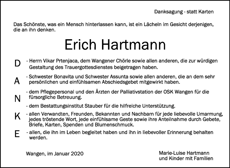  Traueranzeige für Erich Hartmann vom 18.01.2020 aus Schwäbische Zeitung