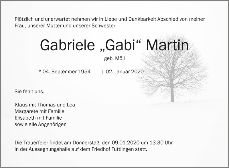  Traueranzeige für Gabriele Gabi Martin vom 07.01.2020 aus Schwäbische Zeitung