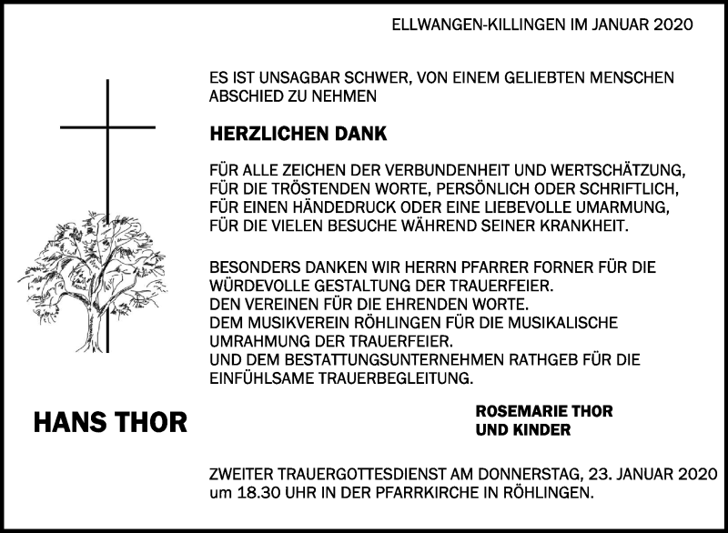  Traueranzeige für Hans Thor vom 21.01.2020 aus Schwäbische Zeitung