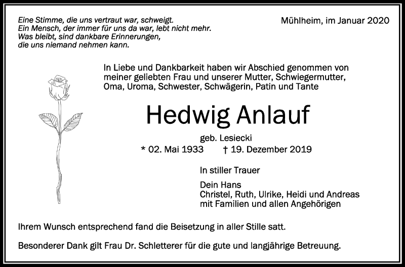  Traueranzeige für Hedwig Anlauf vom 04.01.2020 aus Schwäbische Zeitung