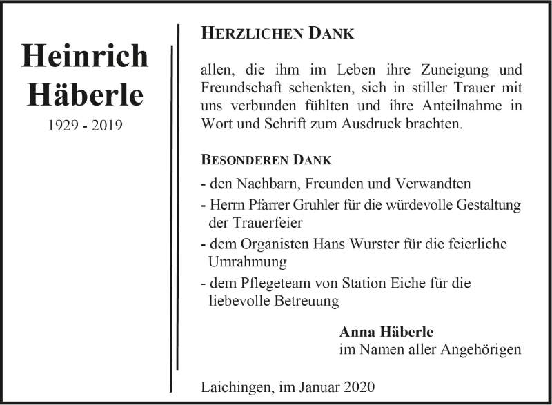  Traueranzeige für Heinrich Häberle vom 11.01.2020 aus Schwäbische Zeitung