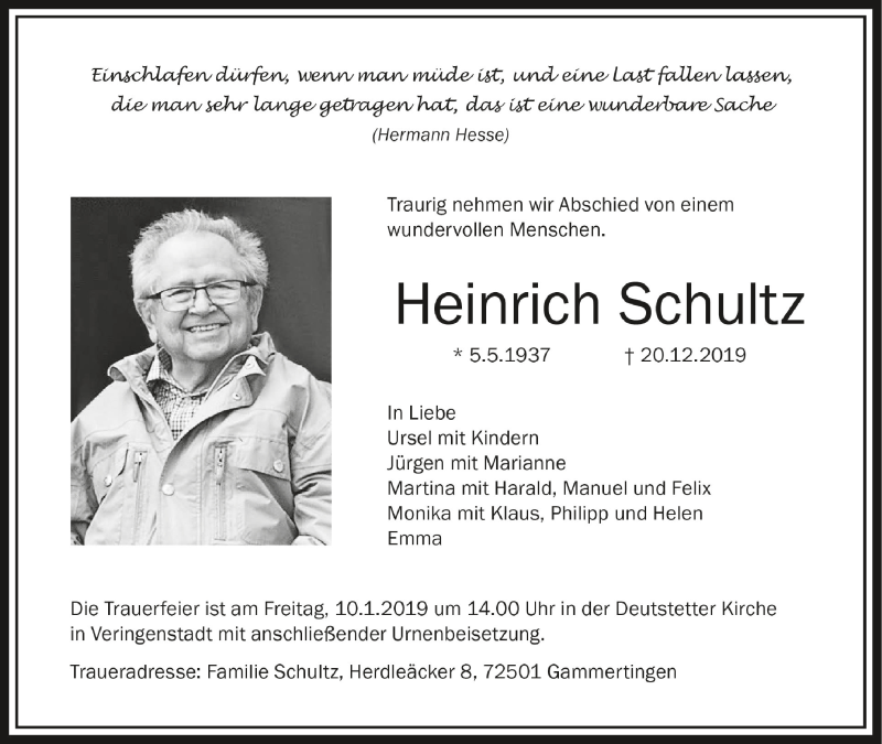  Traueranzeige für Heinrich Schultz vom 07.01.2020 aus Schwäbische Zeitung