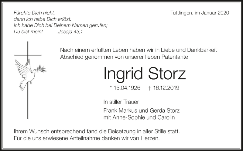  Traueranzeige für Ingrid Storz vom 04.01.2020 aus Schwäbische Zeitung
