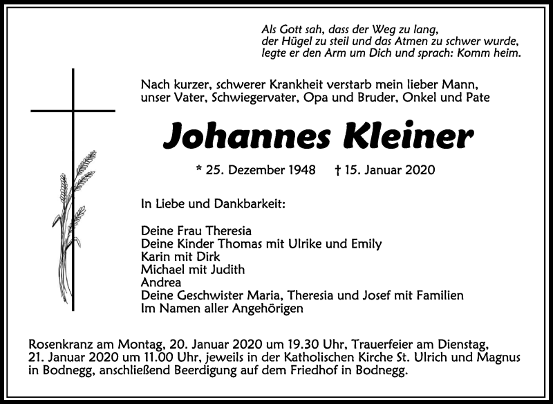  Traueranzeige für Johannes Kleiner vom 18.01.2020 aus Schwäbische Zeitung
