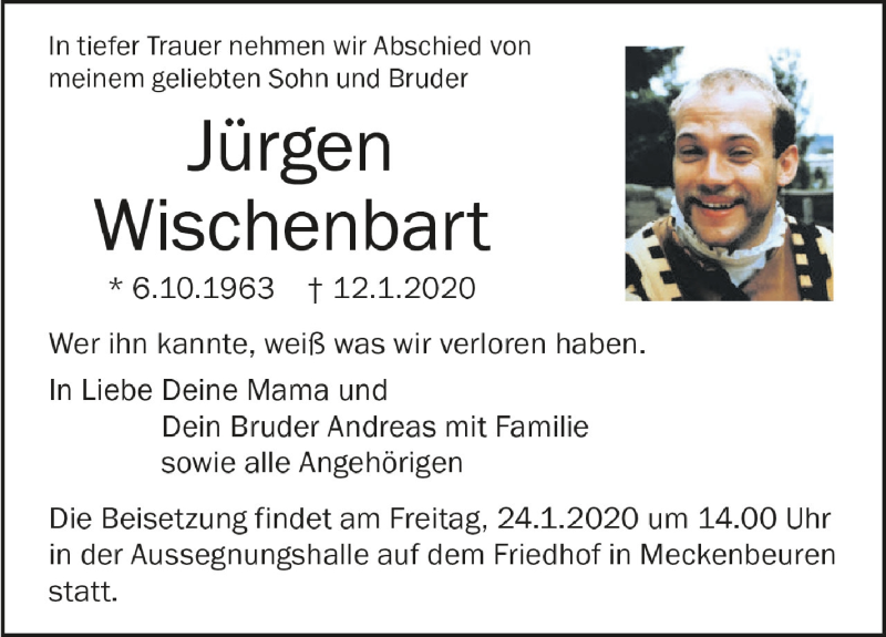  Traueranzeige für Jürgen Wischenbart vom 21.01.2020 aus Schwäbische Zeitung