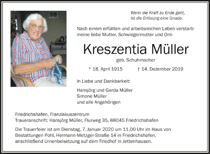  Traueranzeige für Kreszentia Müller vom 04.01.2020 aus Schwäbische Zeitung