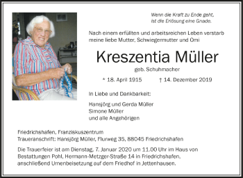 Anzeige von Kreszentia Müller von Schwäbische Zeitung