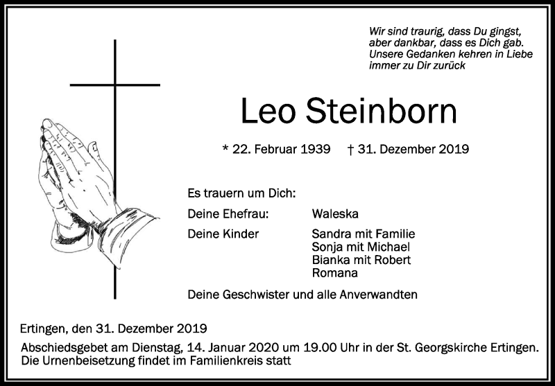  Traueranzeige für Leo Steinborn vom 11.01.2020 aus Schwäbische Zeitung