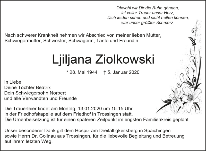  Traueranzeige für Ljiljana Ziolkowski vom 10.01.2020 aus Schwäbische Zeitung