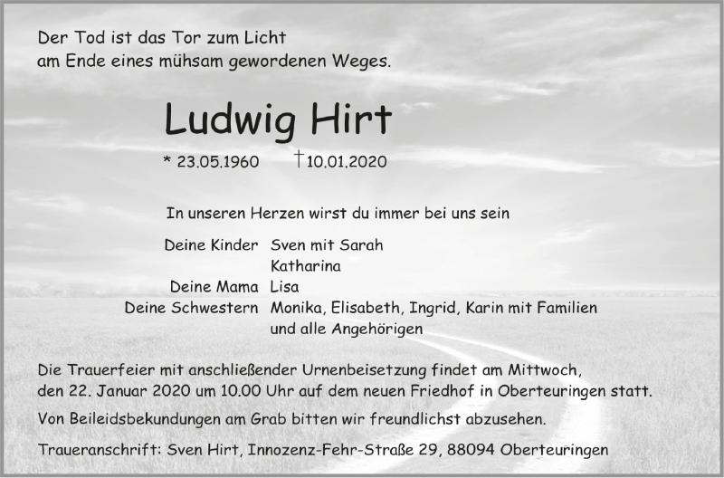  Traueranzeige für Ludwig Hirt vom 18.01.2020 aus Schwäbische Zeitung