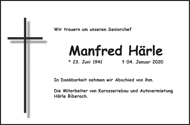  Traueranzeige für Manfred Härle vom 15.01.2020 aus Schwäbische Zeitung