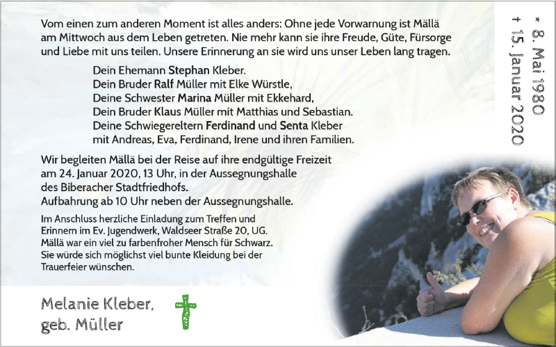 Traueranzeige für Melanie Kleber vom 22.01.2020 aus Schwäbische Zeitung