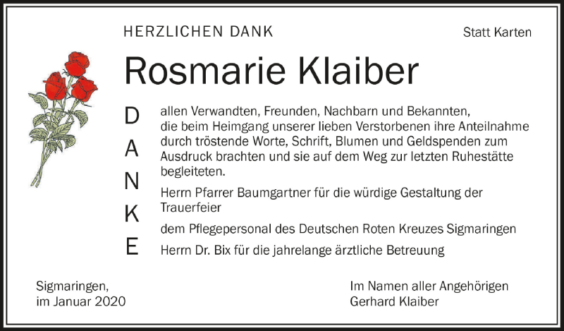  Traueranzeige für Rosmarie Klaiber vom 11.01.2020 aus Schwäbische Zeitung