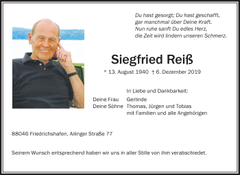 Anzeige von Siegfried Reiß von Schwäbische Zeitung
