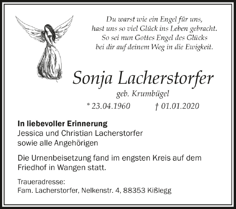  Traueranzeige für Sonja Lacherstorfer vom 11.01.2020 aus Schwäbische Zeitung