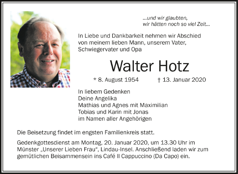  Traueranzeige für Walter Hotz vom 16.01.2020 aus Schwäbische Zeitung