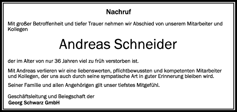 Traueranzeige Von Andreas Schneider Schwaebische De Trauerportal