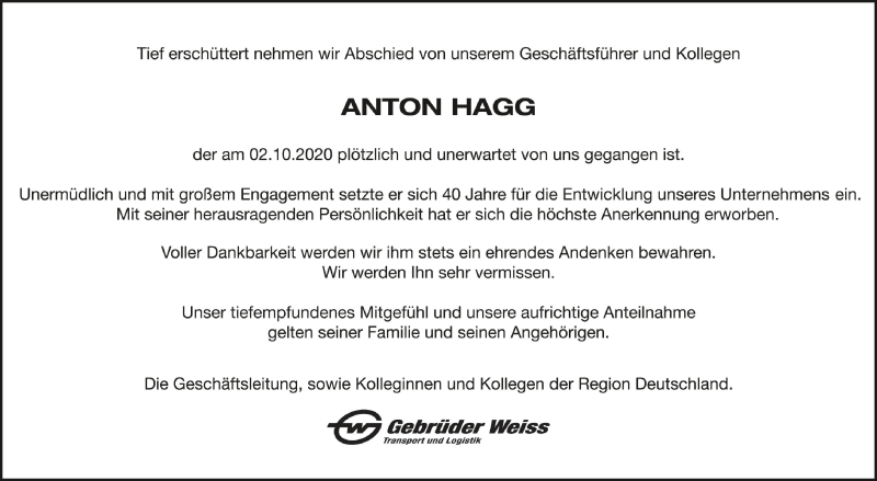  Traueranzeige für Anton Hagg vom 10.10.2020 aus Schwäbische Zeitung
