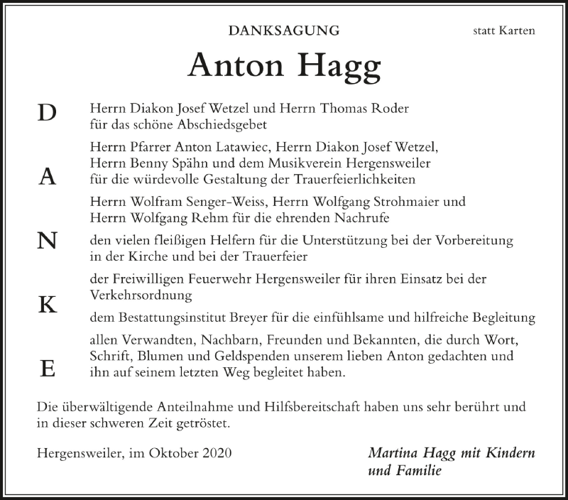  Traueranzeige für Anton Hagg vom 17.10.2020 aus Schwäbische Zeitung