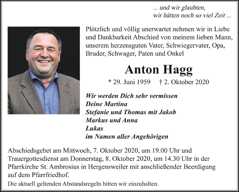  Traueranzeige für Anton Hagg vom 06.10.2020 aus Schwäbische Zeitung