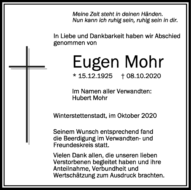  Traueranzeige für Eugen Mohr vom 19.10.2020 aus Schwäbische Zeitung
