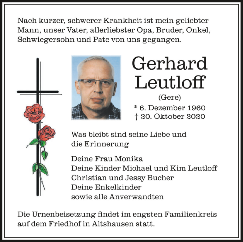  Traueranzeige für Gerhard Leutloff vom 23.10.2020 aus Schwäbische Zeitung