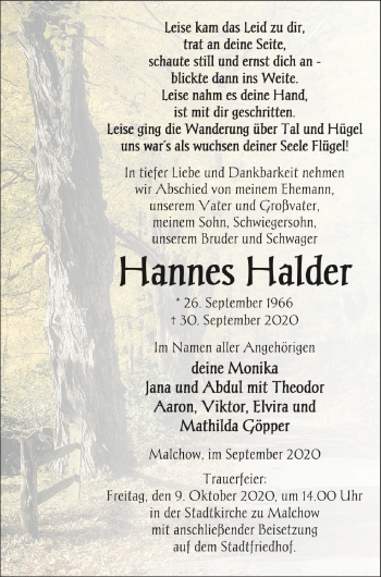 Anzeige von Hannes Halden von Schwäbische Zeitung
