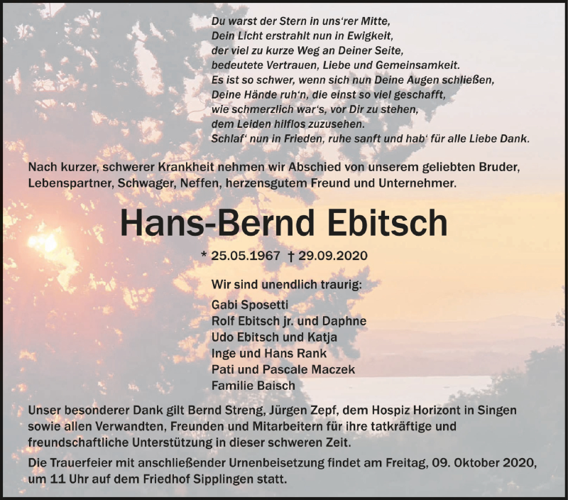  Traueranzeige für Hans-Bernd Ebitsch vom 07.10.2020 aus Schwäbische Zeitung