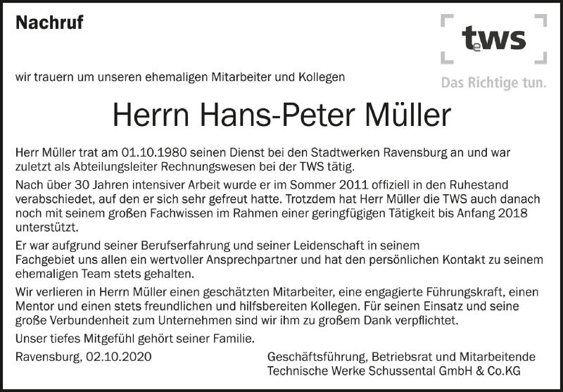  Traueranzeige für Hans-Peter Müller vom 02.10.2020 aus Schwäbische Zeitung