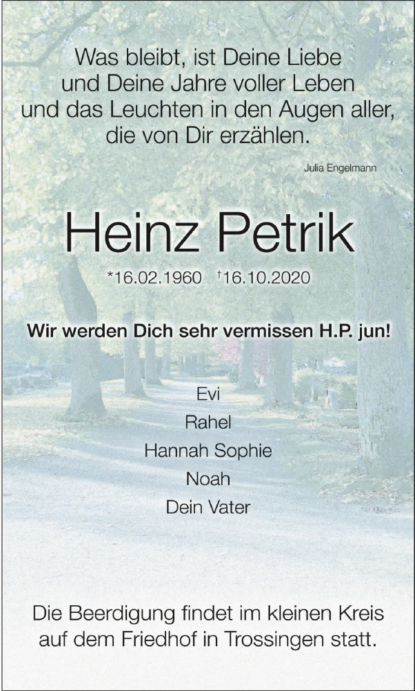  Traueranzeige für Heinz Petrik vom 23.10.2020 aus Schwäbische Zeitung