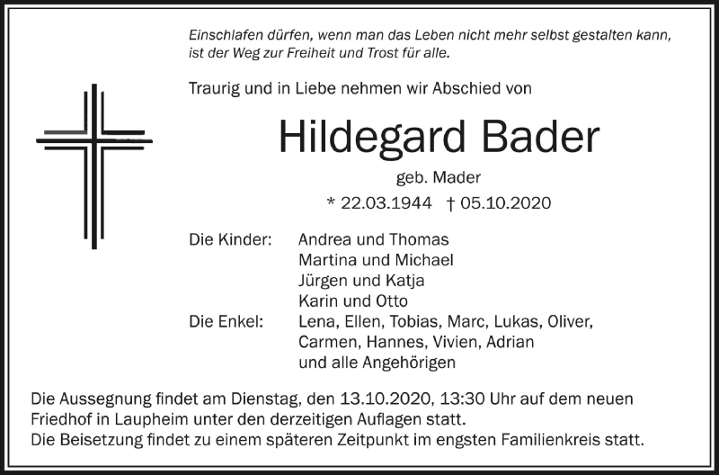  Traueranzeige für Hildegard Bader vom 10.10.2020 aus Schwäbische Zeitung